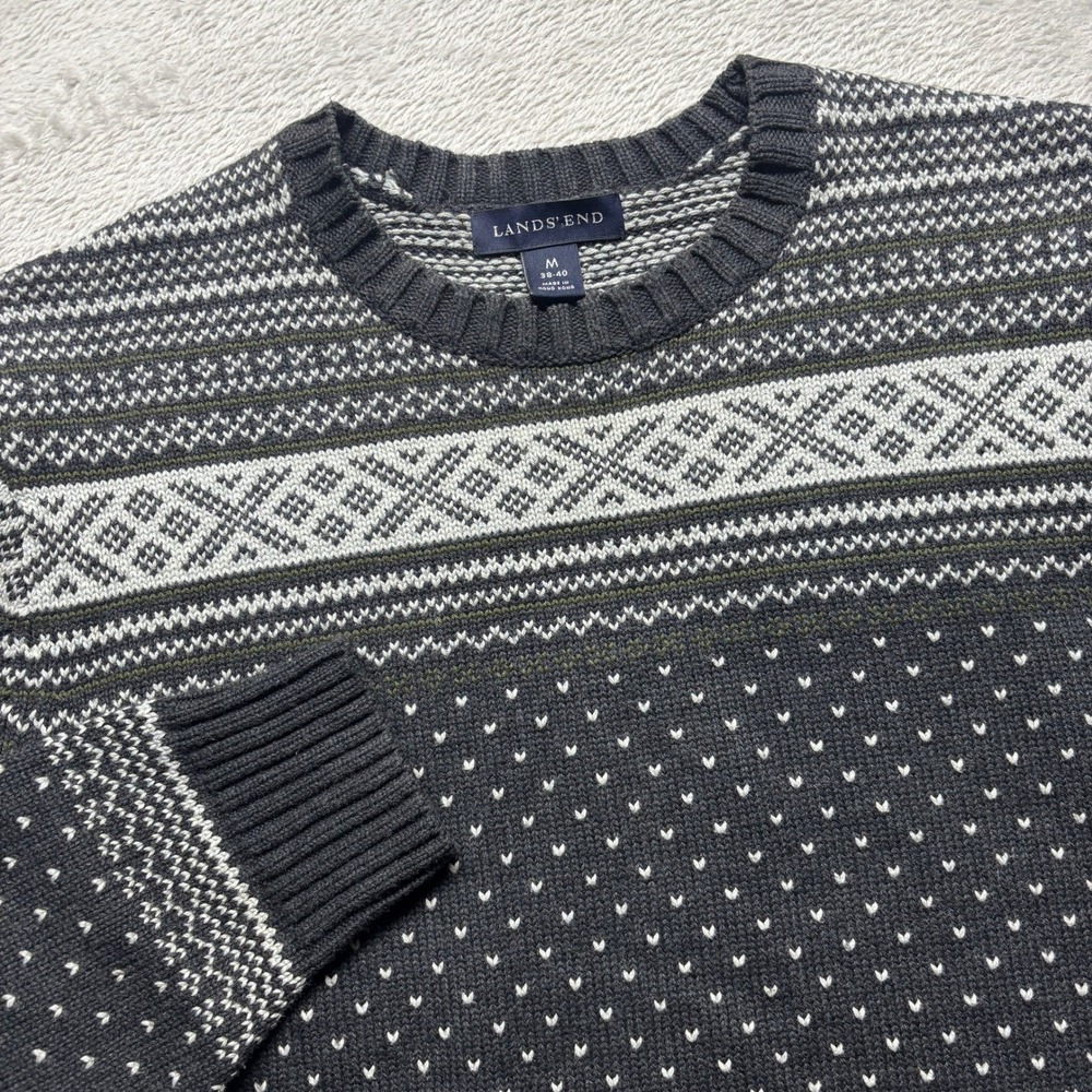 Lands End Sweater Mens M Crewneck Fair Isle Nordic Gray & Olive Knit Cotton EUC